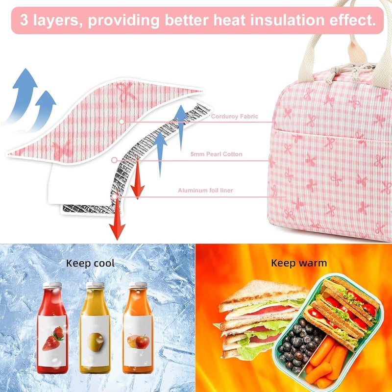 LEDAOU Lunch Box for Women Insulated Lunch Bag Corduroy Lunch Tote Bags Leakproof Cooler Lunch Case for Travel Work Picnic (Pink Bow Checkered) - Image 5